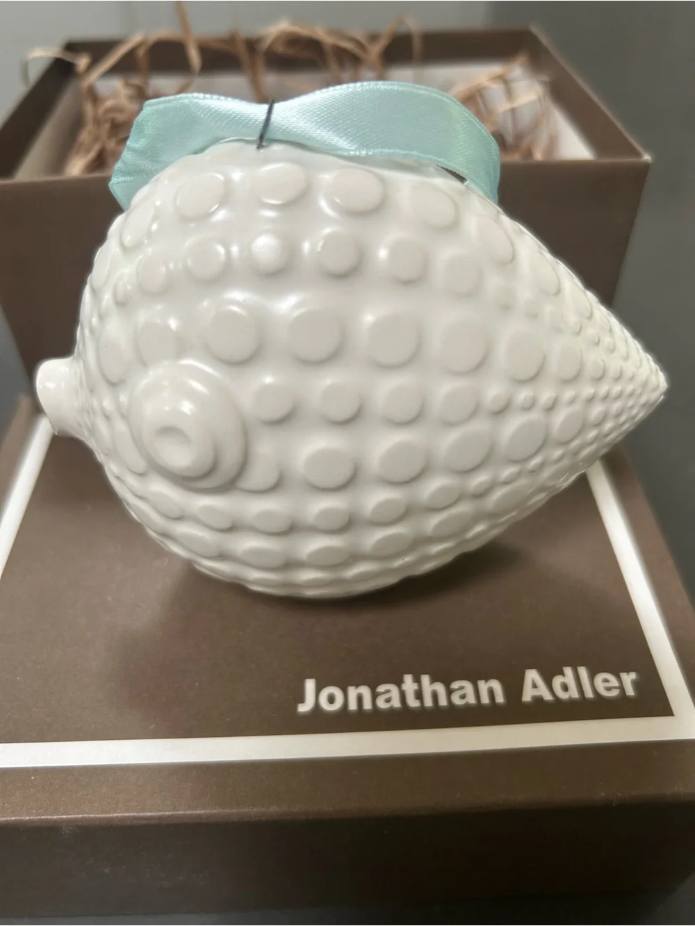 Iconic Jonathan Adler blowfish puffer White ceramic ornament.